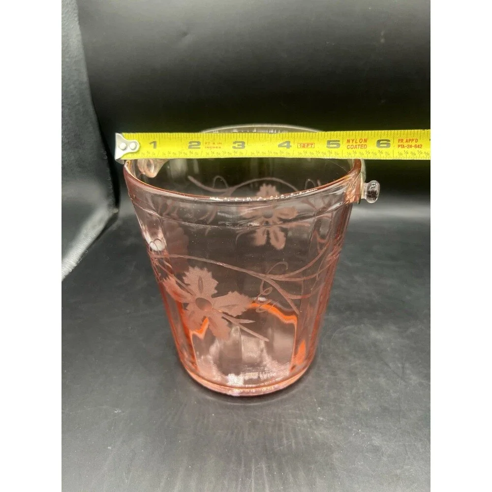 Vintage Cambridge Pink Depression Glass Ice Bucket Etched Floral Grapes Tongs